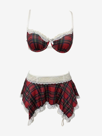 Conjunto de falda y sujetador con estampado a cuadros para colegiala sexy