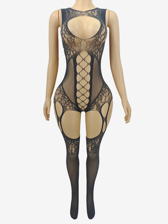 ブラック ランジェリー ストッキング ボディストッキング 魅惑的な黒と赤のカットアウトパンスト