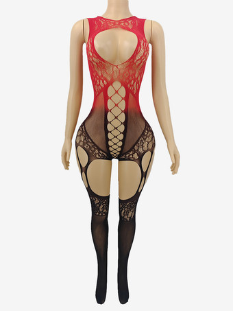 ブラックレッドランジェリー ストッキング ボディストッキング 魅惑的な黒と赤のカットアウトパンスト