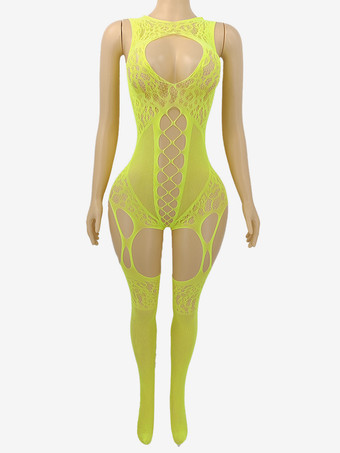 黄緑色ランジェリー ストッキング ボディストッキング 魅惑的な黒と赤のカットアウトパンスト