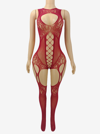 ワインレッド ランジェリー ストッキング ボディストッキング 魅惑的な黒と赤のカットアウトパンスト