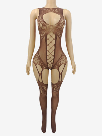 ディープブラウンランジェリー ストッキング ボディストッキング 魅惑的な黒と赤のカットアウトパンスト