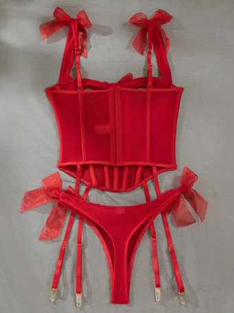 コルセット レッド セクシー ポリエステル デート レースアップ 2ピース ランジェリー パンツ付き