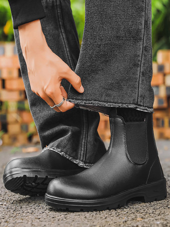 メンズ チェルシーブーツ ローヒール 滑り止めソール ラウンドトゥ レザー アンクルブーツ