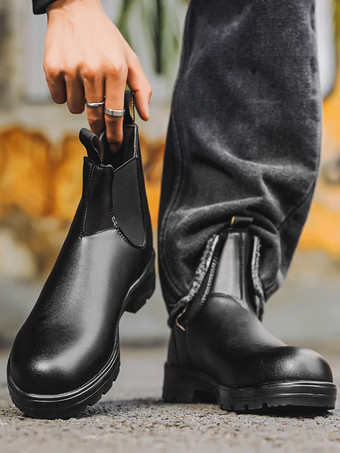 ブラック メンズ チェルシーブーツ ローヒール 滑り止めソール ラウンドトゥ レザー アンクルブーツ