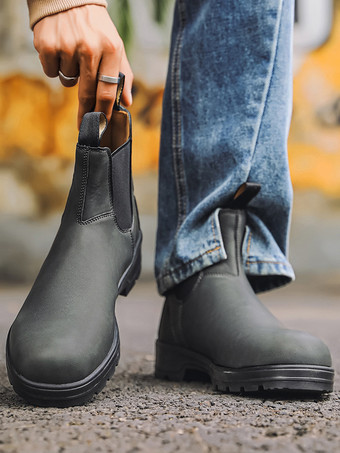 メンズ チェルシーブーツ ローヒール 滑り止めソール ラウンドトゥ レザー アンクルブーツ