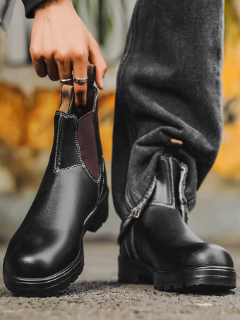 暗い茶色メンズ チェルシーブーツ ローヒール 滑り止めソール ラウンドトゥ レザー アンクルブーツ