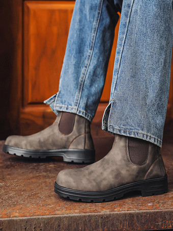 メンズ チェルシーブーツ ローヒール 滑り止めソール ラウンドトゥ レザー アンクルブーツ