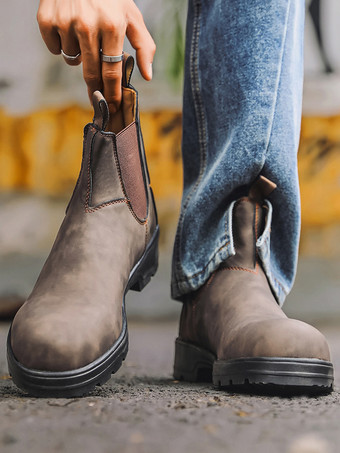 ブラウンメンズ チェルシーブーツ ローヒール 滑り止めソール ラウンドトゥ レザー アンクルブーツ