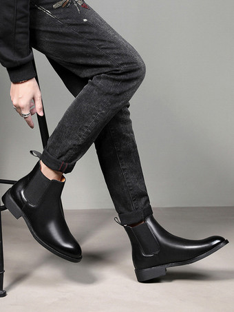 メンズ チェルシーブーツ ローヒール ブラック ポインテッドトゥ レザー アンクルブーツ