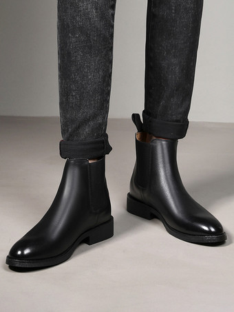 メンズ チェルシーブーツ ローヒール ブラック ポインテッドトゥ レザー アンクルブーツ