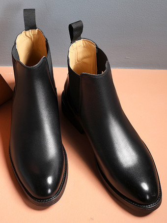 メンズ チェルシーブーツ ローヒール ブラック ポインテッドトゥ レザー アンクルブーツ