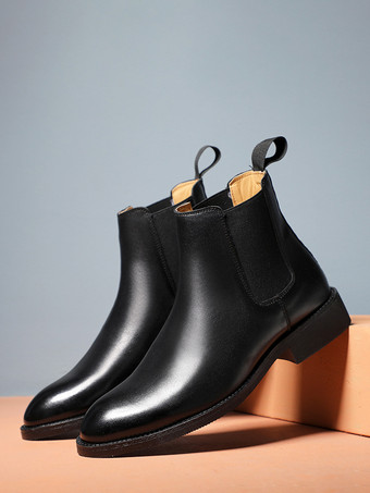 ブラック メンズ チェルシーブーツ ローヒール ブラック ポインテッドトゥ レザー アンクルブーツ