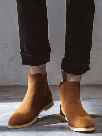 メンズ チェルシーブーツ ローヒール スエードレザー ポインテッドトゥ アンクルブーツ 5色展開