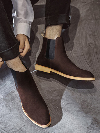 メンズ チェルシーブーツ ローヒール スエードレザー ポインテッドトゥ アンクルブーツ 5色展開