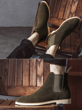 メンズ チェルシーブーツ ローヒール スエードレザー ポインテッドトゥ アンクルブーツ 5色展開