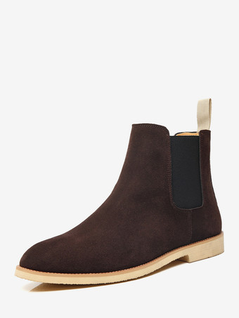 ブラウンメンズ チェルシーブーツ ローヒール スエードレザー ポインテッドトゥ アンクルブーツ 5色展開