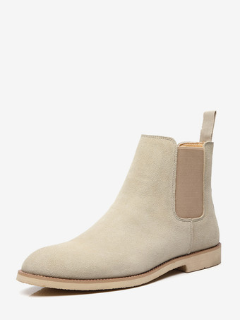 ベージュメンズ チェルシーブーツ ローヒール スエードレザー ポインテッドトゥ アンクルブーツ 5色展開