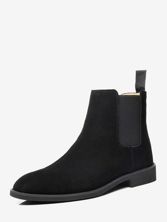 ブラック メンズ チェルシーブーツ ローヒール スエードレザー ポインテッドトゥ アンクルブーツ 5色展開
