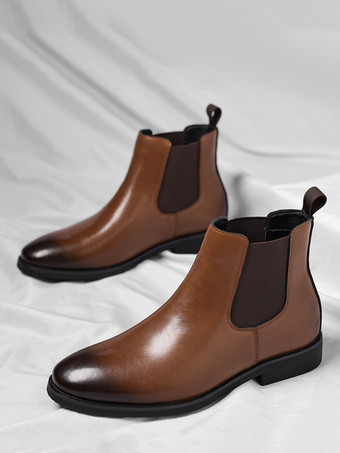 ブラウンメンズ チェルシーブーツ ローヒール ポインテッドトゥ ショートブーツ グラデーションカラーチップ