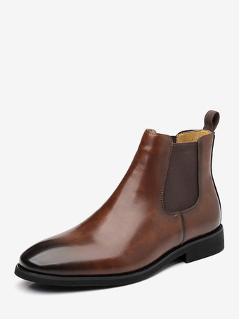 ブラウン メンズ チェルシーブーツ ローヒール ポインテッドトゥ ショートブーツ グラデーションカラーチップ