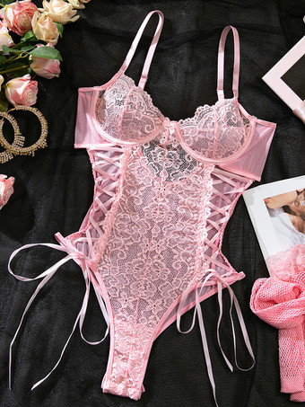 ランジェリーテディ レースアップ ピンク レース ニーハイソックス付き