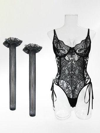 ランジェリーテディ レースアップ ピンク レース ニーハイソックス付き