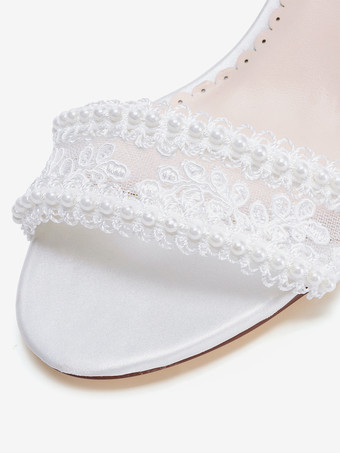 アイボリーウェディングシューズ レースアップリケ オープントゥ チャンキーヒール ブライダルシューズ