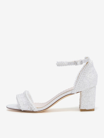 アイボリーウェディングシューズ レースアップリケ オープントゥ チャンキーヒール ブライダルシューズ