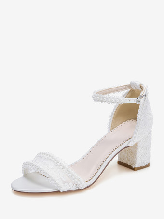 ホワイト アイボリーウェディングシューズ レースアップリケ オープントゥ チャンキーヒール ブライダルシューズ