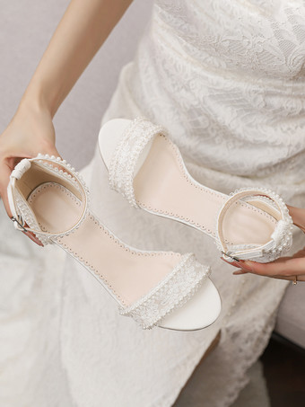 アイボリーウェディングシューズ レースアップリケ オープントゥ チャンキーヒール ブライダルシューズ