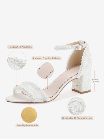 アイボリーウェディングシューズ レースアップリケ オープントゥ チャンキーヒール ブライダルシューズ