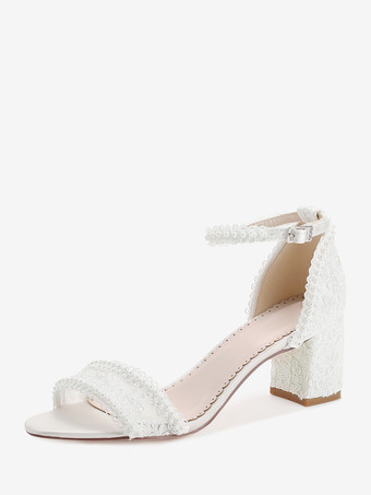 アイボリー アイボリーウェディングシューズ レースアップリケ オープントゥ チャンキーヒール ブライダルシューズ
