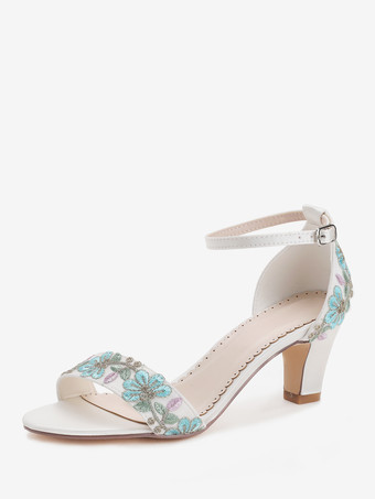 アイボリー アイボリーのウェディングシューズ 花柄刺繍入りオープントゥ チャンキーヒール ブライダルシューズ