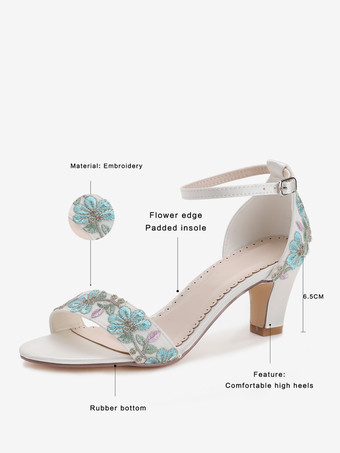 アイボリーのウェディングシューズ 花柄刺繍入りオープントゥ チャンキーヒール ブライダルシューズ