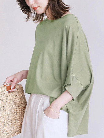 グリーン カジュアル ジュエルネック ディープグレー ハーフスリーブ スプリットフロントトップ Tシャツ トップス レディース ファッション