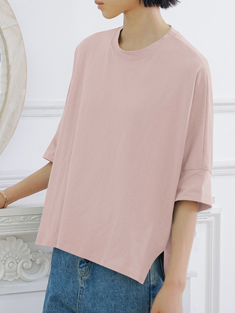 ピンク カジュアル ジュエルネック ディープグレー ハーフスリーブ スプリットフロントトップ Tシャツ トップス レディース ファッション