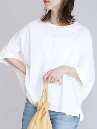 ホワイト カジュアル ジュエルネック ディープグレー ハーフスリーブ スプリットフロントトップ Tシャツ トップス レディース ファッション