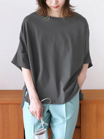 ダークグレー カジュアル ジュエルネック ディープグレー ハーフスリーブ スプリットフロントトップ Tシャツ トップス レディース ファッション