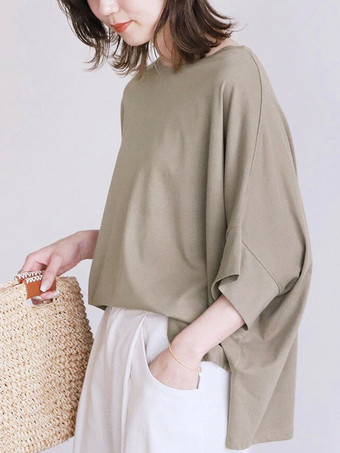 カーキ カジュアル ジュエルネック ディープグレー ハーフスリーブ スプリットフロントトップ Tシャツ トップス レディース ファッション