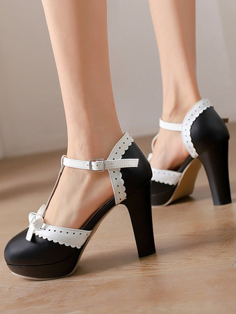 Black Sweet Lolita Shoes Red Bows PU Leather Chunky Heel Lolita Pumps