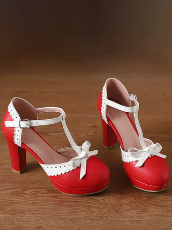 Sweet Lolita Shoes Red Bows PU Leather Chunky Heel Lolita Pumps