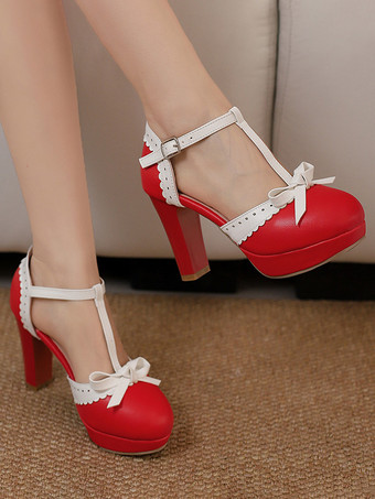 Sweet Lolita Shoes Red Bows PU Leather Chunky Heel Lolita Pumps