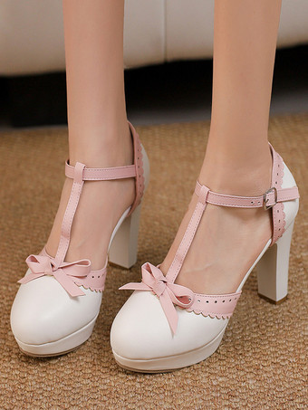 White Sweet Lolita Shoes Red Bows PU Leather Chunky Heel Lolita Pumps