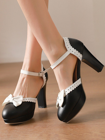 Sweet Lolita Shoes White Bows PU Leather Chunky Heel Lolita Shoes