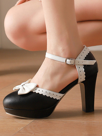 Sweet Lolita Shoes White Bows PU Leather Chunky Heel Lolita Shoes