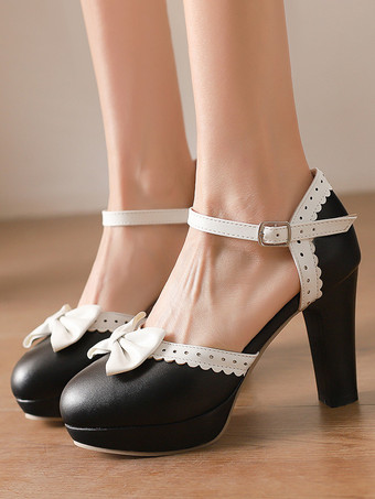 Black Sweet Lolita Shoes White Bows PU Leather Chunky Heel Lolita Shoes