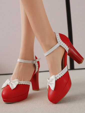 Sweet Lolita Shoes White Bows PU Leather Chunky Heel Lolita Shoes
