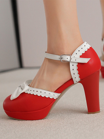 Red Sweet Lolita Shoes White Bows PU Leather Chunky Heel Lolita Shoes