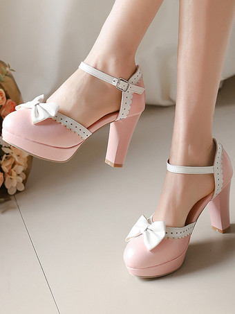 Sweet Lolita Shoes White Bows PU Leather Chunky Heel Lolita Shoes